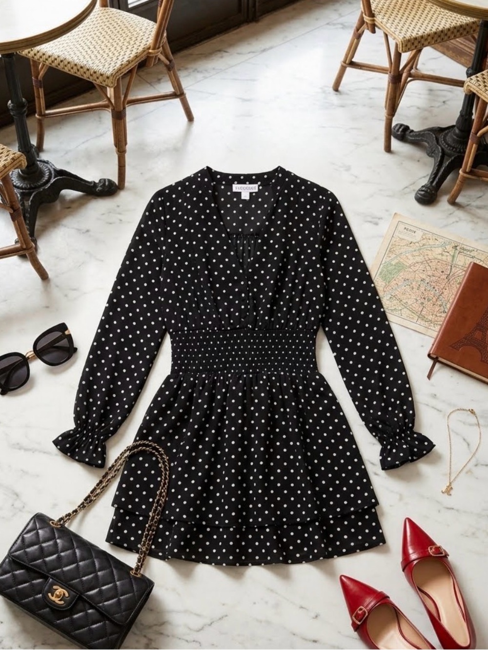 Revamped Black and White Polka Dot Smocked Waist Dress